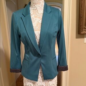 White House Black Market Teal Blazer with Polka Dot Cuffs